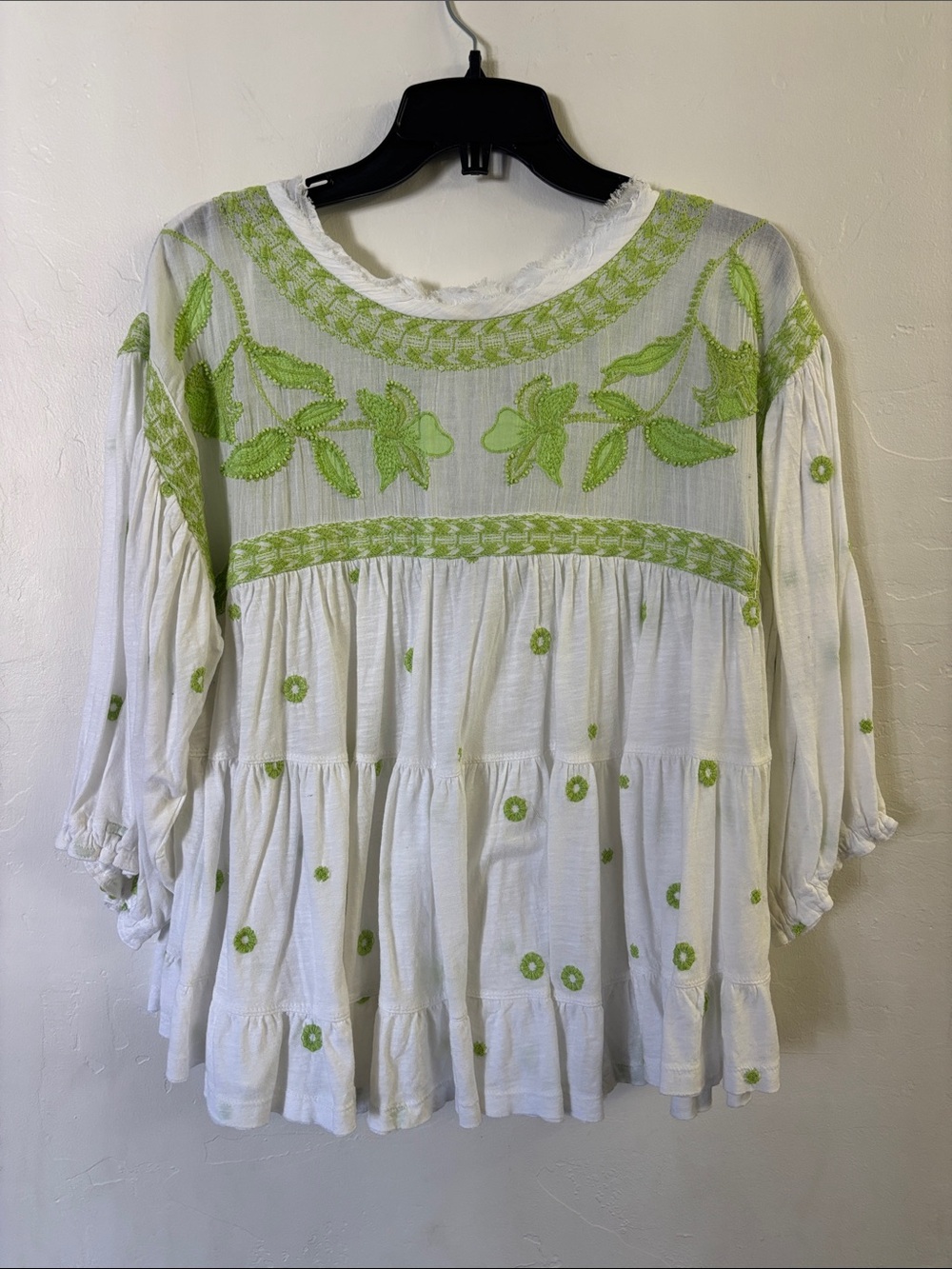 Free People Embroidered Peasant Blouse - White with Lime Green Accents